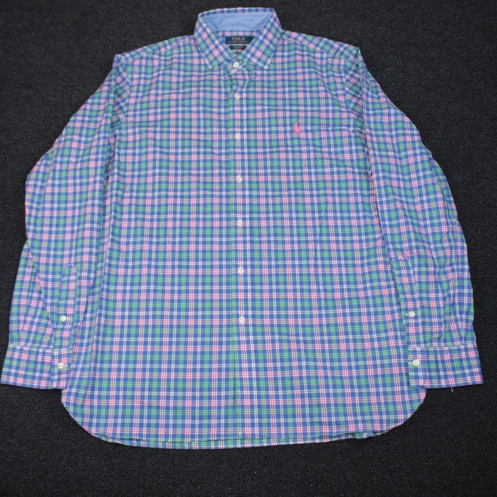 Polo Ralph Lauren Button Down Shirt Mens Large Blue Green Pink Plaid Stretch